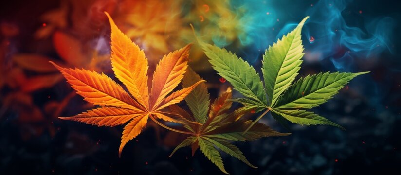 Vivid rainbow colors create a stunning background for a pair of delicate green plant leaves, a beautiful and harmonious image