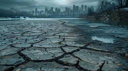 Desolate urban riverbank with cracked soil foreground and moody city skyline backdrop on a cloudy day. Earth global warming ice melt environment concept. - obrazy, fototapety, plakaty