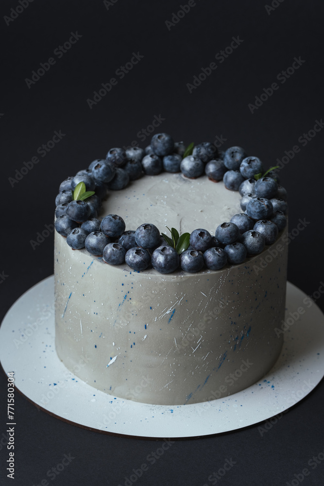 Canvas Prints cute chocolate cake with grey chocolate frosting decorated with colorful sprays and blueberries on t