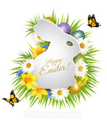 Holiday easter getting card with a colorful eggs and spring flowers in grass and paper rabbit. Vector. - 771580330