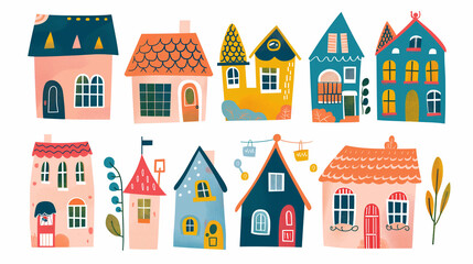Conjunto de casas coloridas e fofas isolado no fundo branco 
