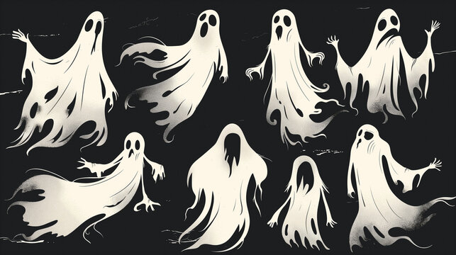 Conjunto de fantasmas brancos no fundo preto - Ilustração