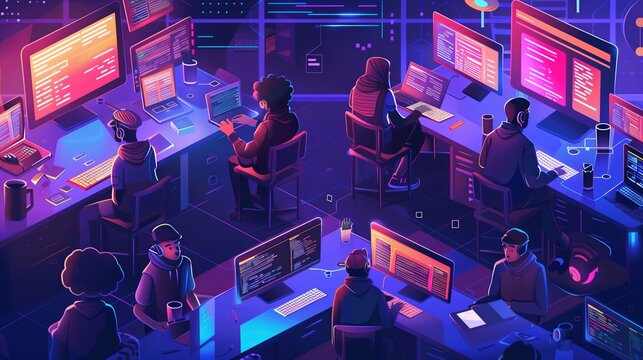 Team of software developers or testers sitting in an office, working on computers with code open. They collaborate on coding and testing software projects as a team.