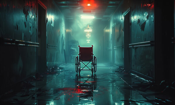 A wheelchair is in a dark hallway with a red light on. The hallway is wet and the wheelchair is surrounded by blood