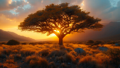 A large tree is silhouetted against the sky, with the sun shining through its branches. - obrazy, fototapety, plakaty