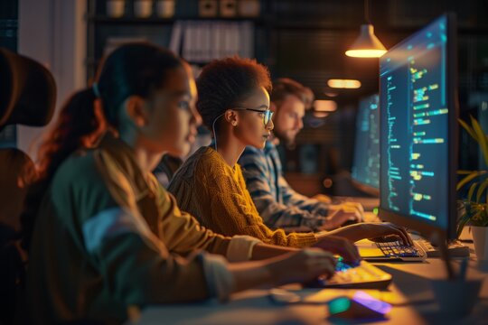 Team of software developers or testers sitting in an office, working on computers with code open. They collaborate on coding and testing software projects as a team.
