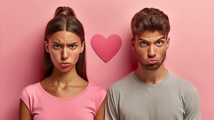 Upset Couple Standing Against Pink Background With Heart Symbol - obrazy, fototapety, plakaty