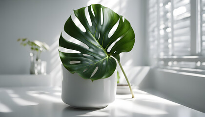 vase with a monstera leaf