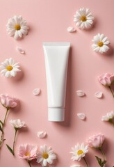 Mock up of unbranded white blank tube with skincare cream, lotion, gel on soft pink background with flowers and petals. Cosmetic product advertisement, beauty spa packaging template. Top view flat lay