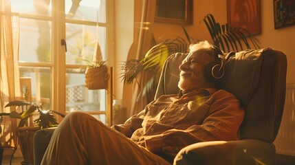 Elderly Man Relaxing in a Recliner with Headphones. Warm Indoor Light. Comfortable Senior Life at Home. Peaceful Retirement. AI