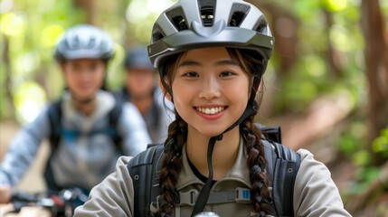 Fototapeta na wymiar Smiling Female Cyclist Leading a Mountain Bike Trail Ride