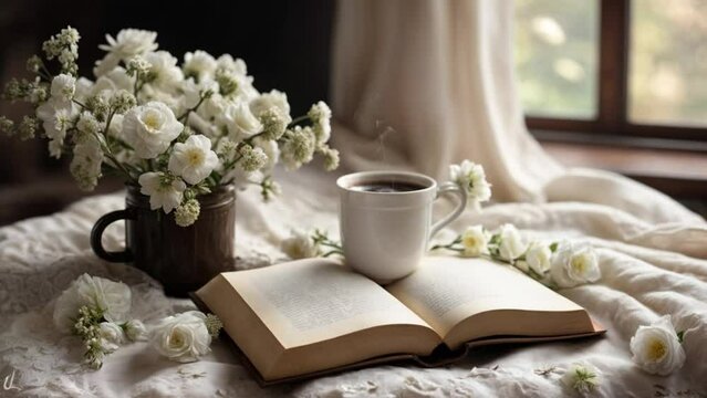 コーヒーカップと本と白い花のナチュラルな部屋の風景動画