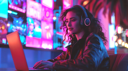a beautiful woman wearing headphones, working on her laptop or personal computer in front of neon lights, in the modern office workplace.