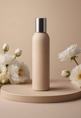 Obraz na płótnie Canvas Advertisement of blank beauty cosmetic bottle with metal cap on podium. Skincare for face or body on beige background with white flowers. Mock up of floral showcase with hygienic product presentation