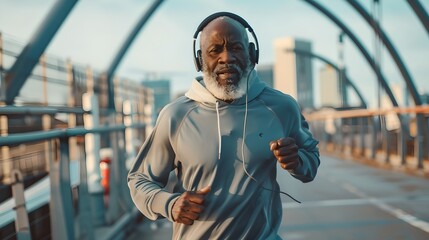 Senior man enjoys early morning run across the city bridge. Active lifestyle and fitness concept. Healthy aging and exercise theme. AI - obrazy, fototapety, plakaty