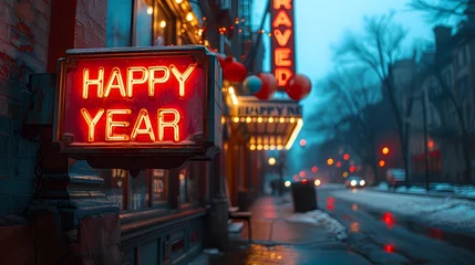 Fotobehang A vintage marquee sign displaying "HAPPY NEW YEAR 2025" outside an old theater © adobe