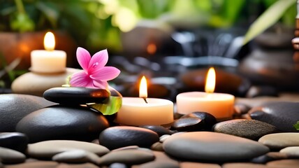 Banner spa stones in a garden with flowing water, candles, and flowers for massage, spa treatments, aromatherapy, and a luxurious, peaceful, and well-rested setting with good skin care practices - obrazy, fototapety, plakaty
