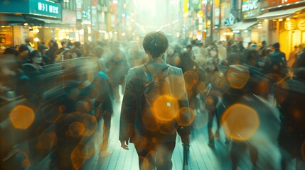 Solitary Figure Amidst Blurred Crowd on Bustling City Street at Dusk - obrazy, fototapety, plakaty