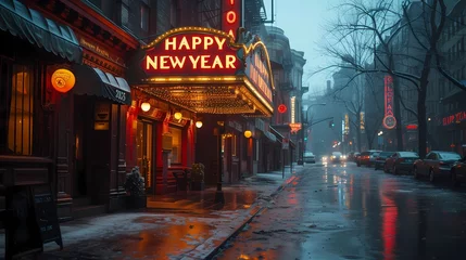 Zelfklevend Fotobehang A vintage marquee sign displaying "HAPPY NEW YEAR 2025" outside an old theater © adobe