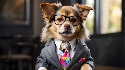 Dog dressed appropriately. Pet is decked up in a smart, funny suit with a tie for an air of intelligence. Dog clothes that are trendy and humorous. Dog wearing a brightly colored outfit and glasses - obrazy, fototapety, plakaty