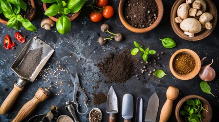 Table With Various Gardening Tools - obrazy, fototapety, plakaty
