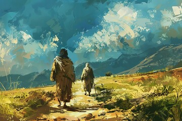 Abraham and Isaac Walking to Sacrifice, Biblical Story Digital Painting Illustration - obrazy, fototapety, plakaty