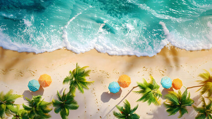 aerial photography, sunny tropical beach, sandy beach with sunshades, parasol, and blue ocean, summer and leisure concept, seasonal vacation template - obrazy, fototapety, plakaty