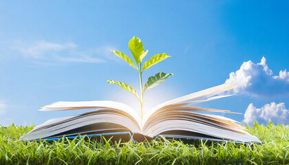 open book with green grass and new tree