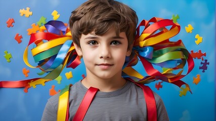 On World Autism Spectrum Disorder Awareness Day, a child wearing a ribbon usually displays a vibrant puzzle design, signifying the variety and complexity of people with autism spectrum disorders. - obrazy, fototapety, plakaty