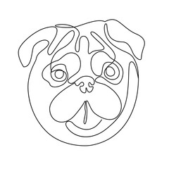 One continuous line drawing pug dog vector Image. Single line minimal style dog breed portrait. Cute puppy black linear sketch isolated on white background. Graphic drawing.