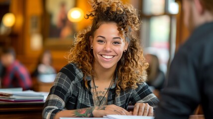 Smiling Student Working in a Bright Library Environment - obrazy, fototapety, plakaty