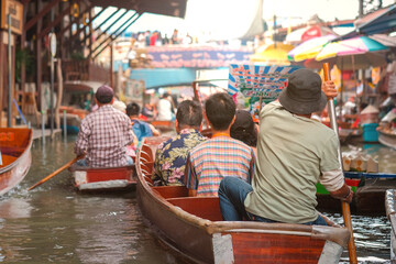 Damnoen Saduak Floating Market, tourists visiting by boat, located in Bangkok, Amphawa Floating market, Amphawa, Tourists visiting by boat, Thailand