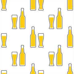 Beer bottles and glasses. Vector seamless pattern. Stylized elements on white background. Best for textile, bar decoration, wallpapers, wrapping paper, package and your design.