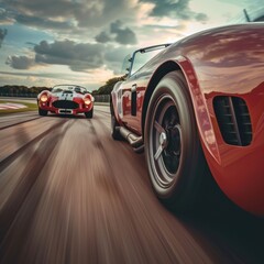 A classic race car overtaking a modern sports car on a historic race track, utilizing rear curtain sync to blur the background, evoking a sense of history and speed in an editorial photo - obrazy, fototapety, plakaty
