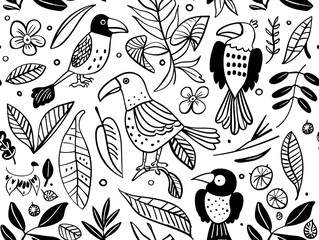 Fototapeta na wymiar Black and white outline drawing with the theme of tropical birds. White background. 