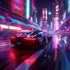 Futuristic hypercar speeding through neon-lit city, 4K