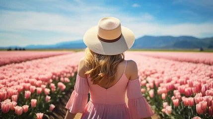 Poster Rear view A young woman wearing a pink dress and a straw hat stands on a blooming tulip field on a sunny day. Spring, Tourism, Travel, Nature, Flowers, Summer endings. Horizontal photo © liliyabatyrova