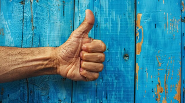 Positive Affirmation Illustrate a closeup of a hand giving a thumb sup gesture against a rustic clean background, with a bright blue background The image exudes positivity and encouragement