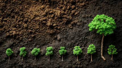 tree arranged as a green graph on soil background , sustainable development , planting a tree , corporate social responsibility.
