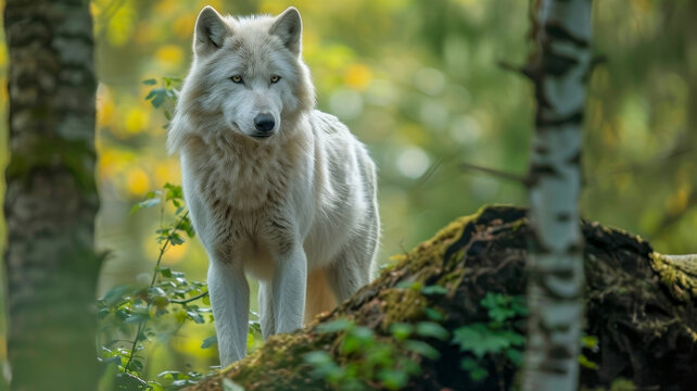 White wolf standing in forest