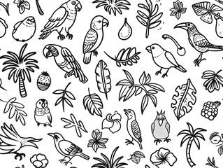 Black and white outline drawing with the theme of tropical birds. White background.
