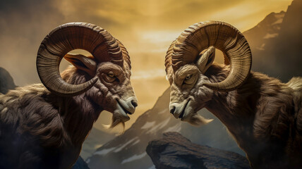 Bighorn sheep rams close up - obrazy, fototapety, plakaty