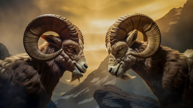 Bighorn sheep rams close up