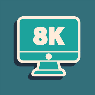 Green Computer PC monitor display with 8k video technology icon isolated on green background. Long shadow style. Vector