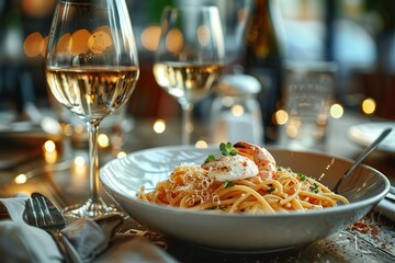 A white bowl of pasta with a fork and a glass of wine - obrazy, fototapety, plakaty