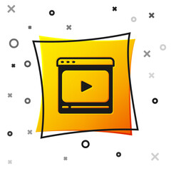 Black Online play video icon isolated on white background. Film strip with play sign. Yellow square button. Vector
