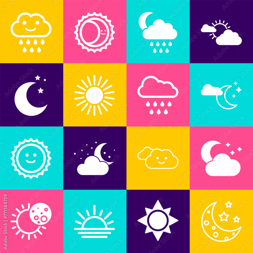 Canvas Prints Set Moon and stars, Cloud with moon, rain, Sun, and icon. Vector