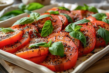 A plate of food with a lot of tomatoes and basil