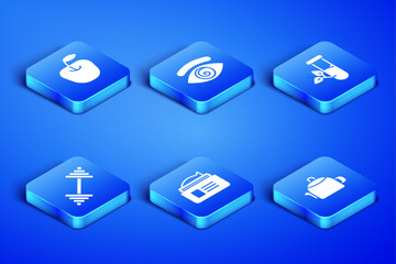 Set Kettle with handle, Apple, Ointment cream tube, Dumbbell, Hypnosis and Laboratory glass leaves icon. Vector