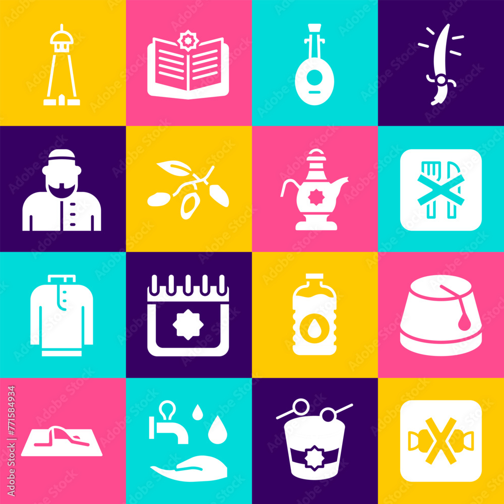 Poster Set No sweets, Turkish hat, Ramadan fasting, Lute, Date fruit, Muslim man, Mosque tower or minaret and Islamic teapot icon. Vector